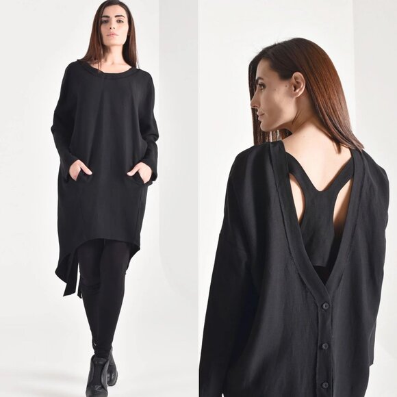 AAKASHA Black Long Sleeve Back Buttoned Linen Tunic Shirt Dress - Picture 1 of 7